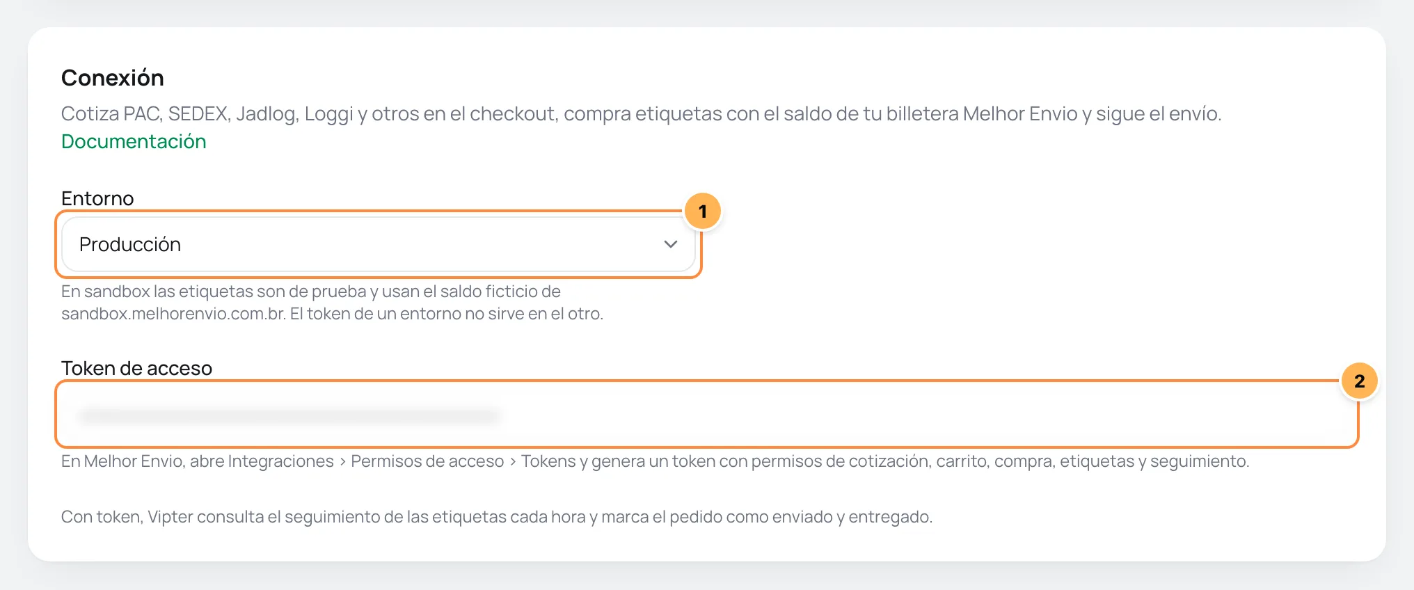 Tarjeta Conexión de Melhor Envio en Vipter con el entorno y el token numerados