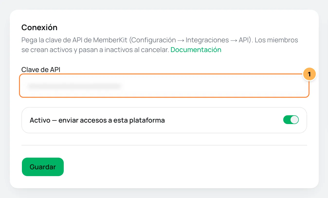 Tarjeta de conexión de MemberKit en Vipter con el campo de la clave numerado