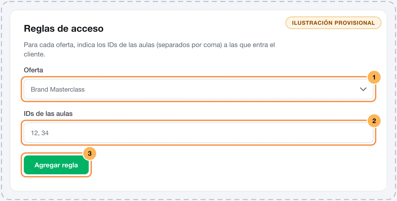 Reglas de acceso de MemberKit en Vipter, con oferta e IDs de las aulas