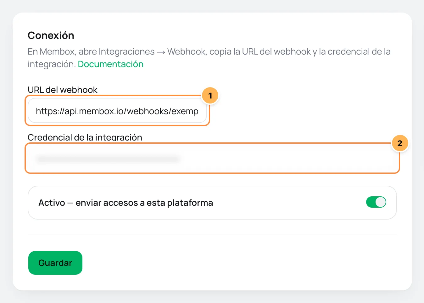 Tarjeta de conexión de Membox en Vipter con la URL del webhook y la credencial numeradas