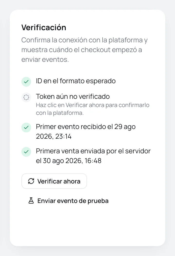 Tarjeta Verificación de la cuenta de Meta con la lista de comprobaciones y los botones Verificar ahora y Enviar evento de prueba