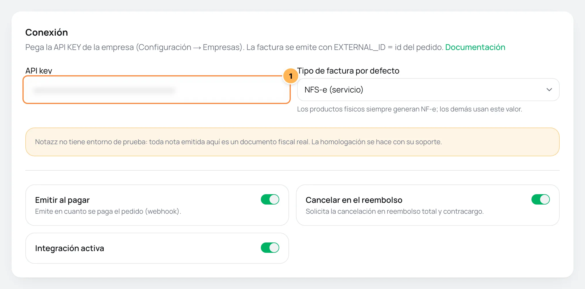 Tarjeta de conexión de Notazz en Vipter con el campo de la API key numerado y el aviso de que no hay entorno de prueba