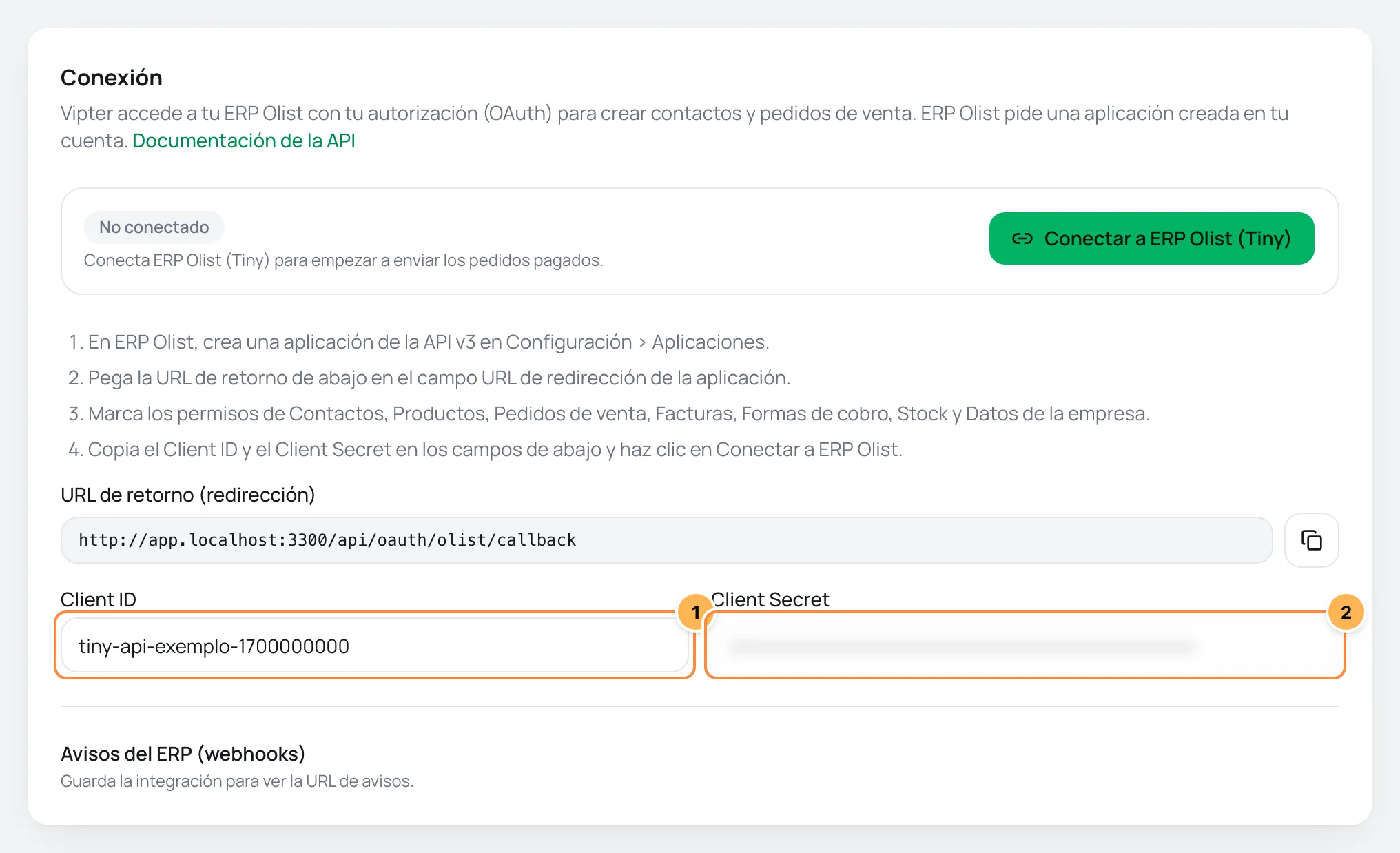 Tarjeta Conexión de ERP Olist en Vipter con los pasos de la aplicación, la URL de retorno y los campos Client ID y Client Secret numerados