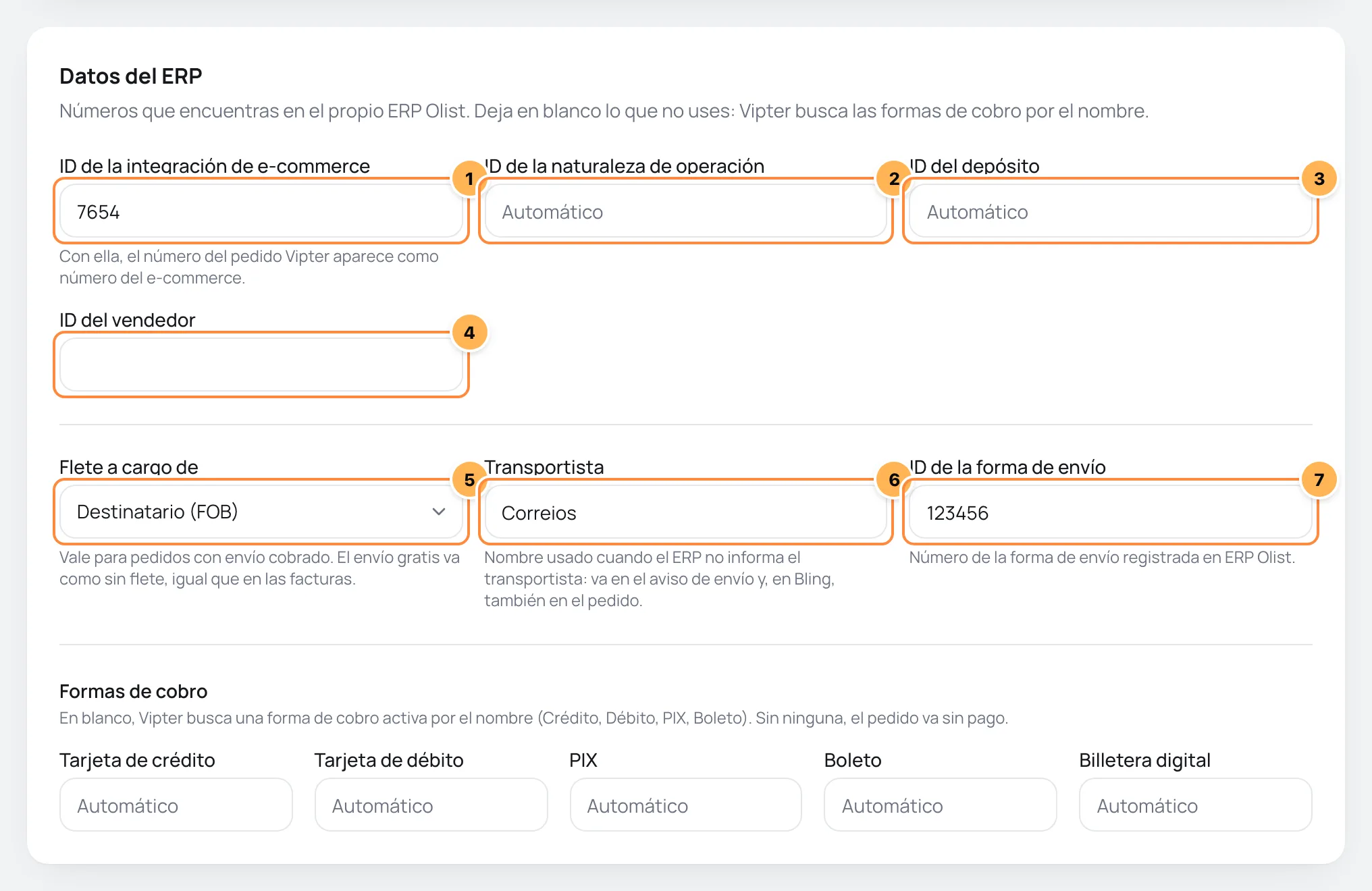 Tarjeta Datos del ERP de ERP Olist con los ID de la integración de e-commerce, la naturaleza de operación, el depósito y el vendedor, y los campos de envío numerados