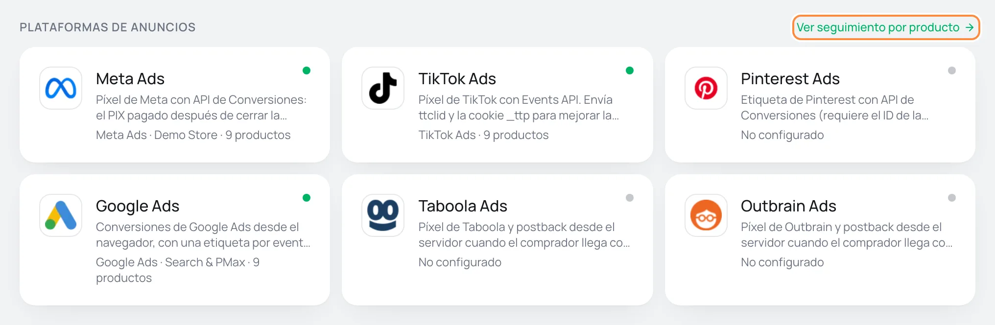Sección Plataformas de anuncios de la página Integraciones, con las tarjetas de Meta, TikTok, Pinterest, Google Ads, Taboola y Outbrain y el enlace Ver seguimiento por producto resaltado
