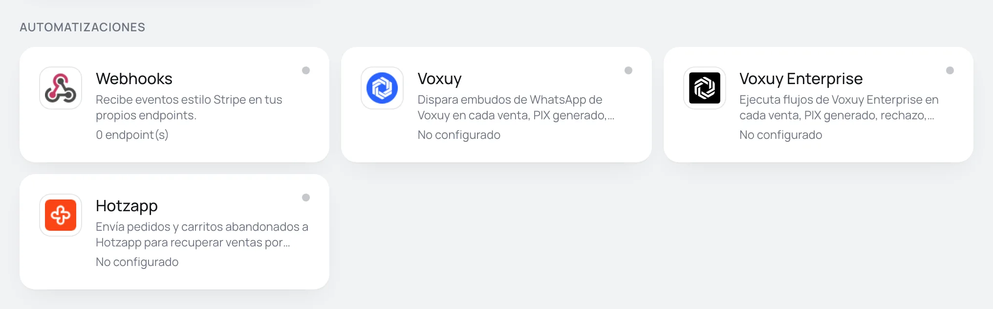 Sección Automatizaciones de la página Integraciones, con las tarjetas Webhooks, Voxuy, Voxuy Enterprise y Hotzapp