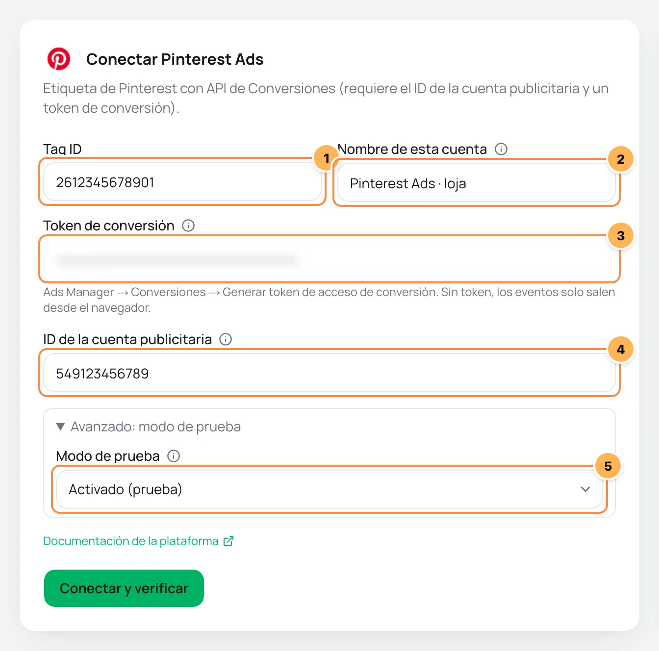 Formulario Conectar Pinterest Ads con Tag ID, nombre de la cuenta, token de conversión, ID de la cuenta publicitaria y modo de prueba numerados