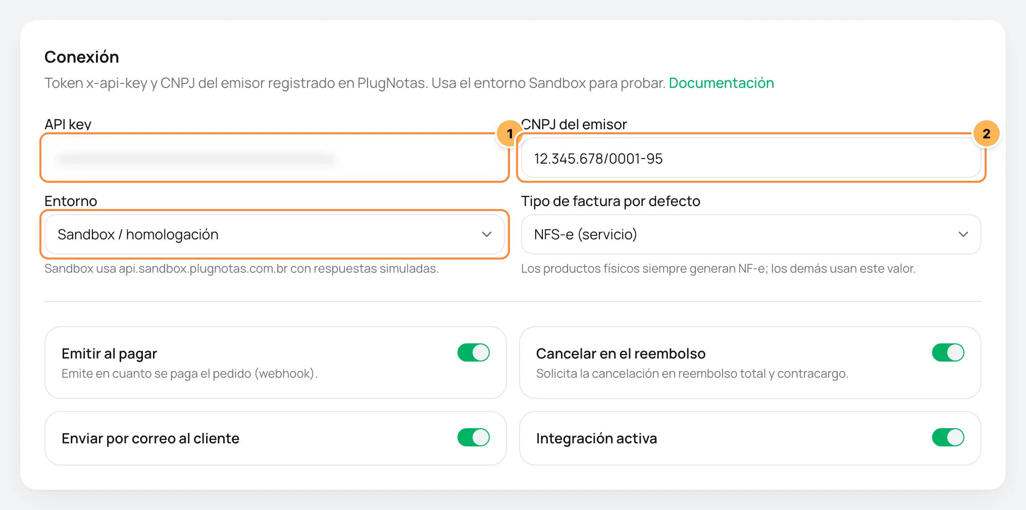 Tarjeta de conexión de PlugNotas en Vipter con el token y el CNPJ numerados y el Entorno en Sandbox resaltado