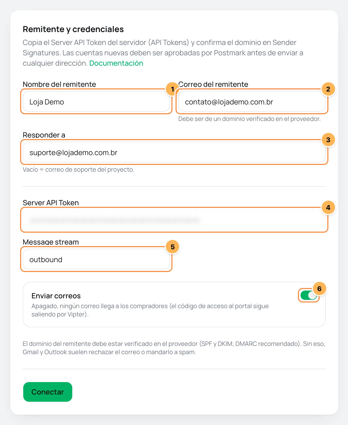 Formulario de Postmark en Vipter con remitente, Server API Token y message stream numerados