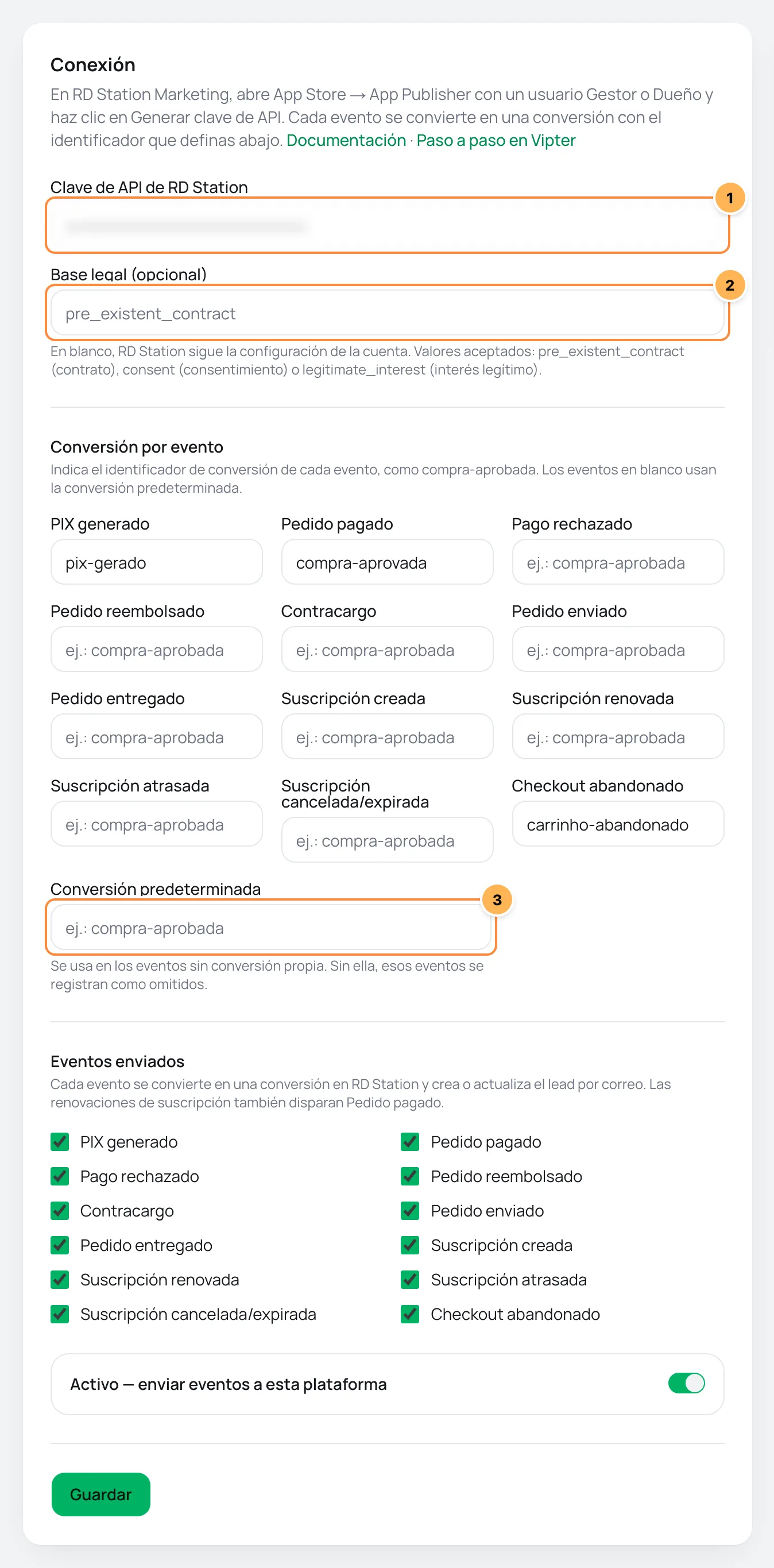 Tarjeta Conexión de RD Station Marketing en Vipter con la clave, la base legal, la conversión por evento y la conversión predeterminada