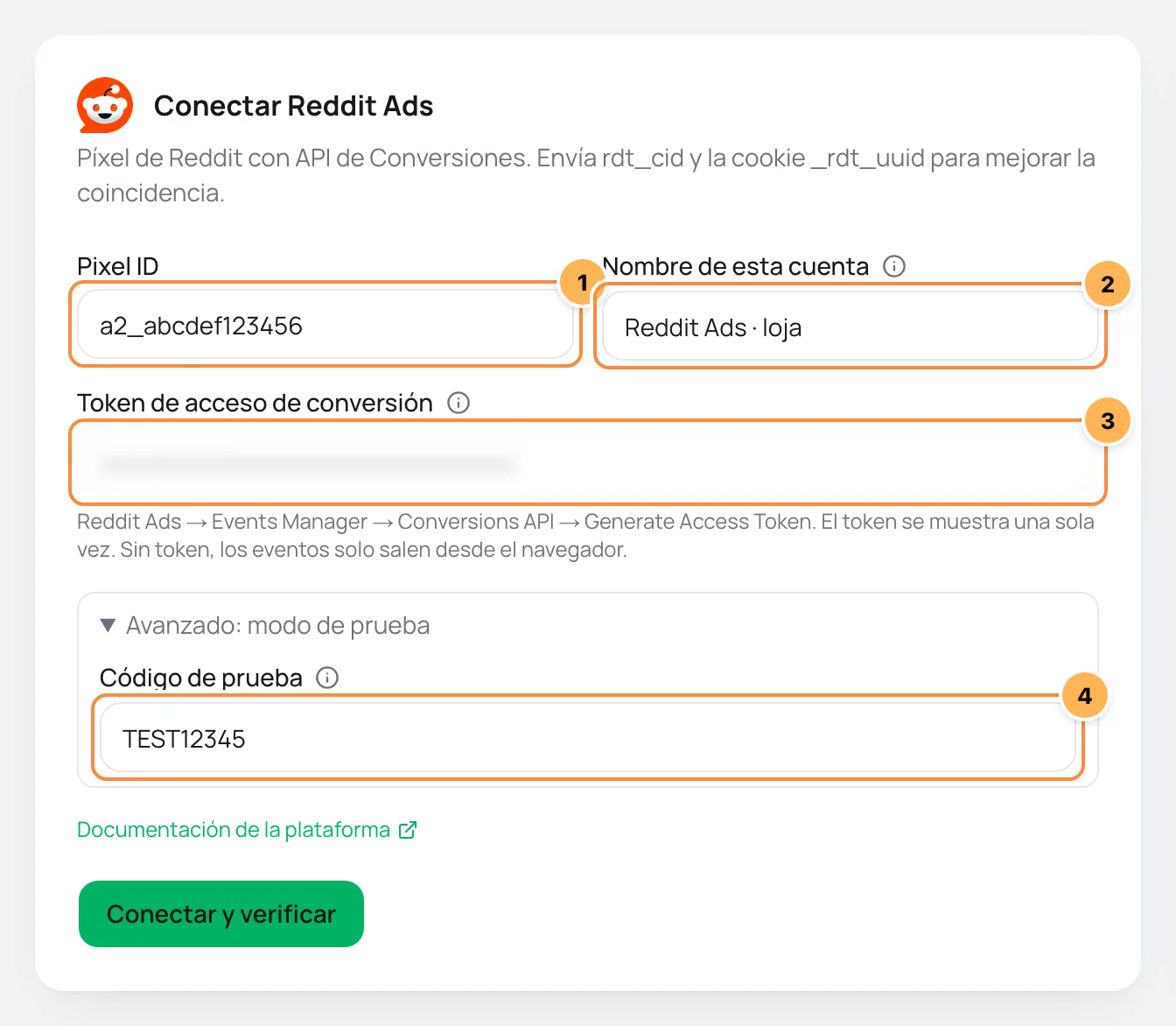 Formulario Conectar Reddit Ads con Pixel ID, nombre de la cuenta, token de acceso de conversión y código de prueba numerados
