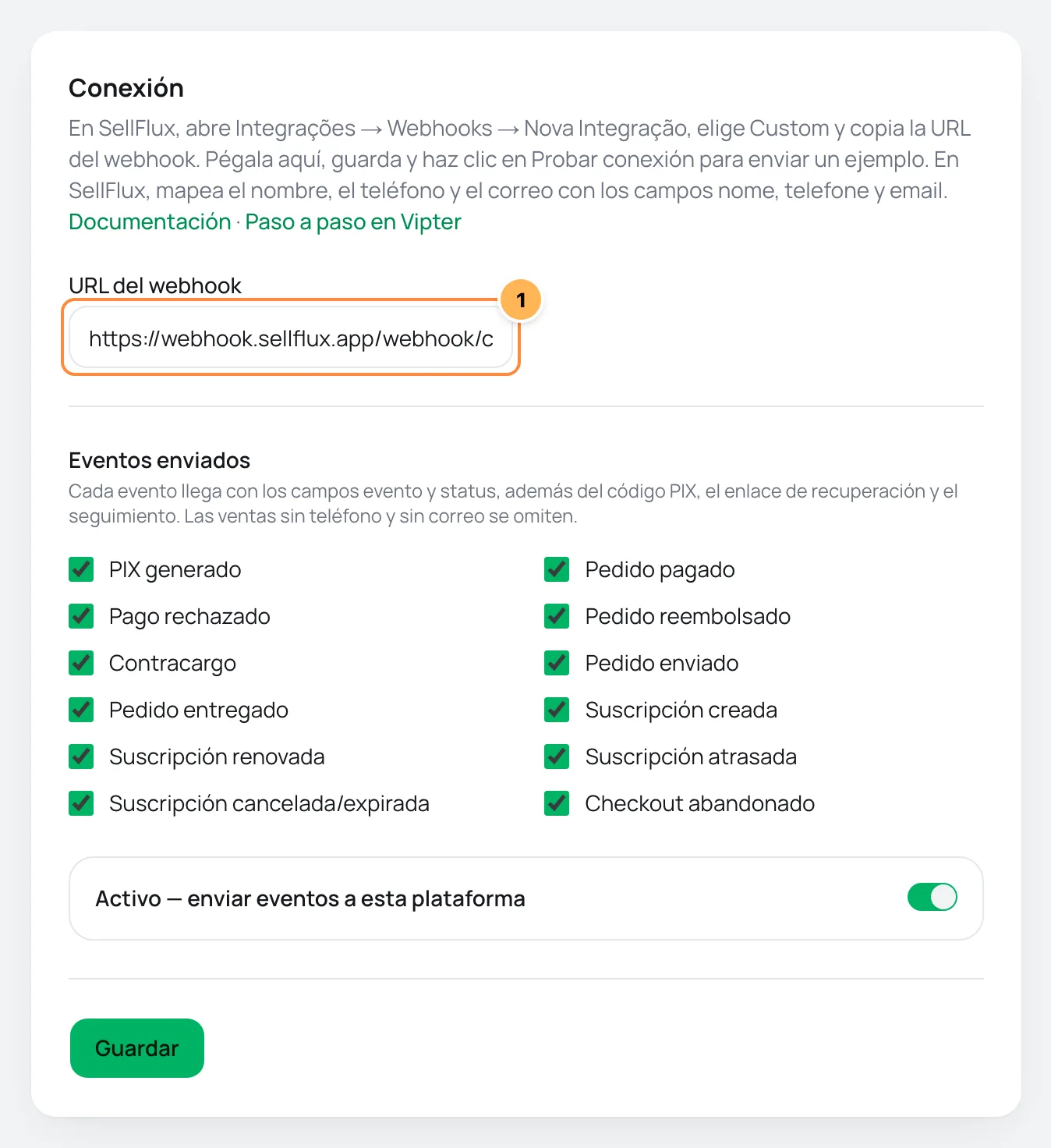 Tarjeta Conexión de SellFlux en Vipter con el campo URL del webhook numerado y la lista de eventos