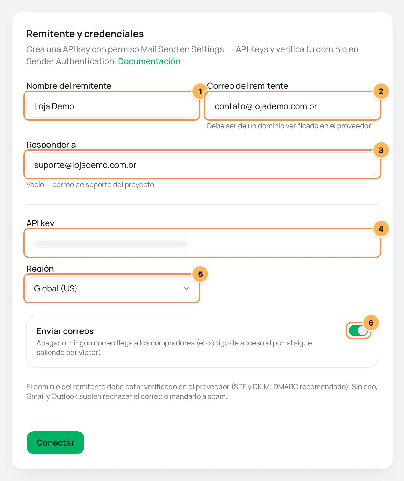 Formulario de SendGrid en Vipter con remitente, API key y región numerados