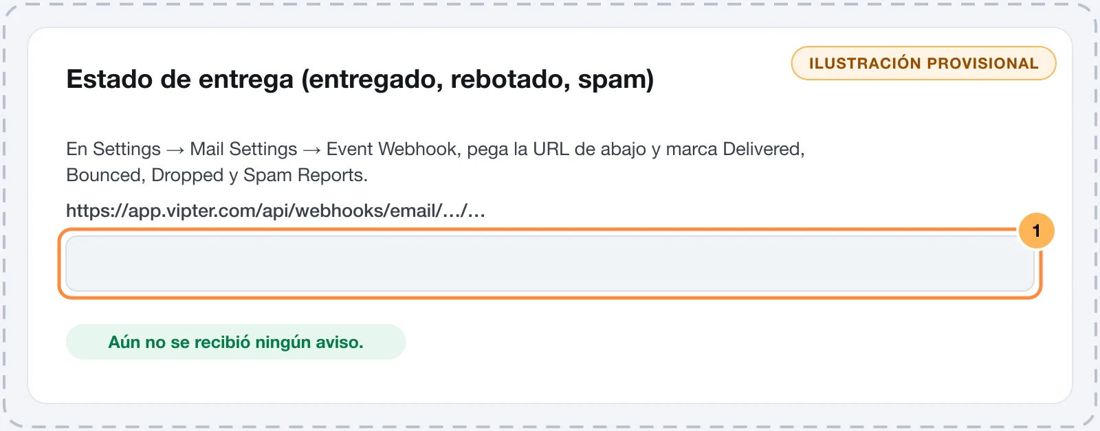 Tarjeta Estado de entrega de SendGrid en Vipter con la URL del webhook