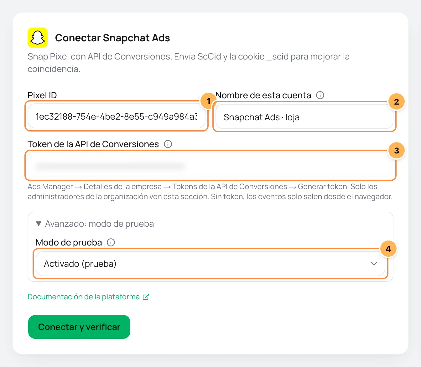 Formulario Conectar Snapchat Ads con Pixel ID, nombre de la cuenta, token de la API de Conversiones y modo de prueba numerados