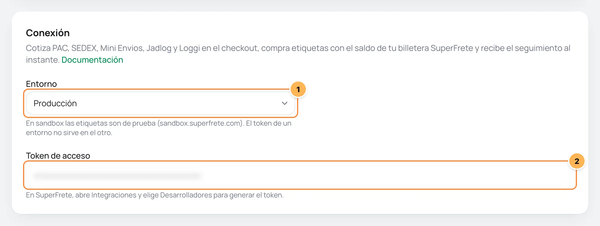 Tarjeta Conexión de SuperFrete en Vipter con el entorno y el token numerados