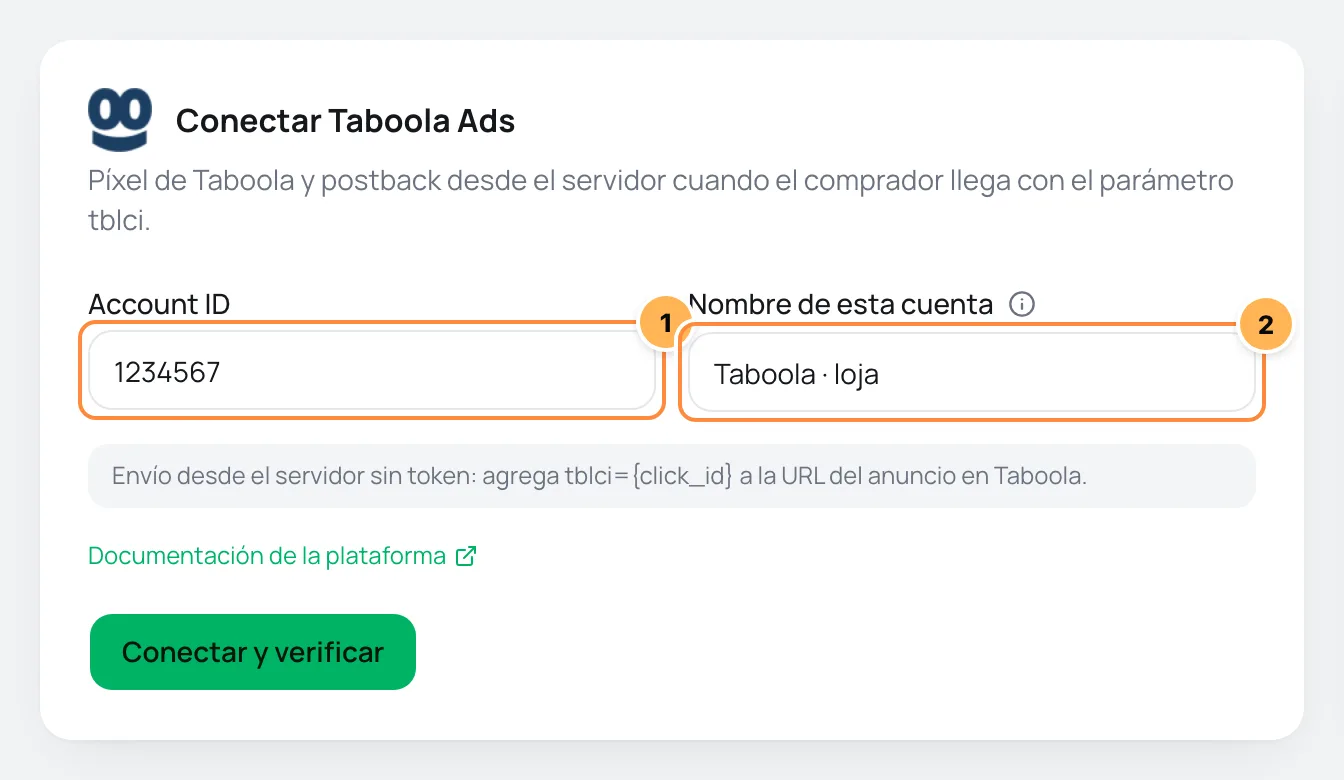 Formulario Conectar Taboola Ads con Account ID y nombre de la cuenta numerados y el aviso sobre el parámetro tblci