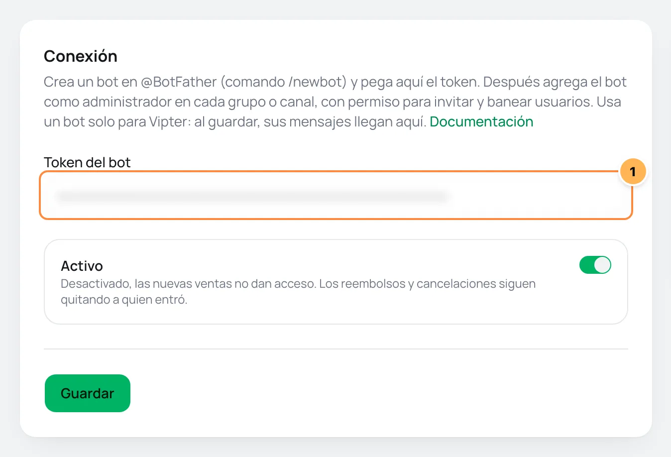 Tarjeta Conexión de Telegram en Vipter con el token del bot numerado