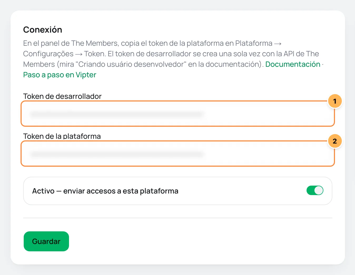 Tarjeta Conexión de The Members en Vipter con el token de desarrollador y el token de la plataforma numerados