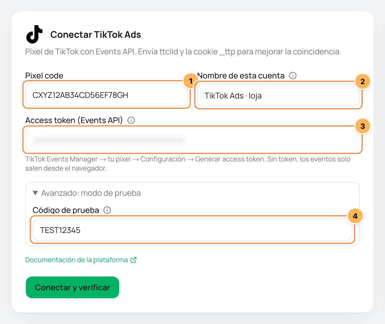 Formulario Conectar TikTok Ads con Pixel code, nombre de la cuenta, access token y código de prueba numerados