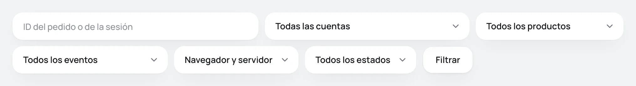 Filtros de Actividad: búsqueda por pedido o sesión, cuenta, producto, evento, canal y estado