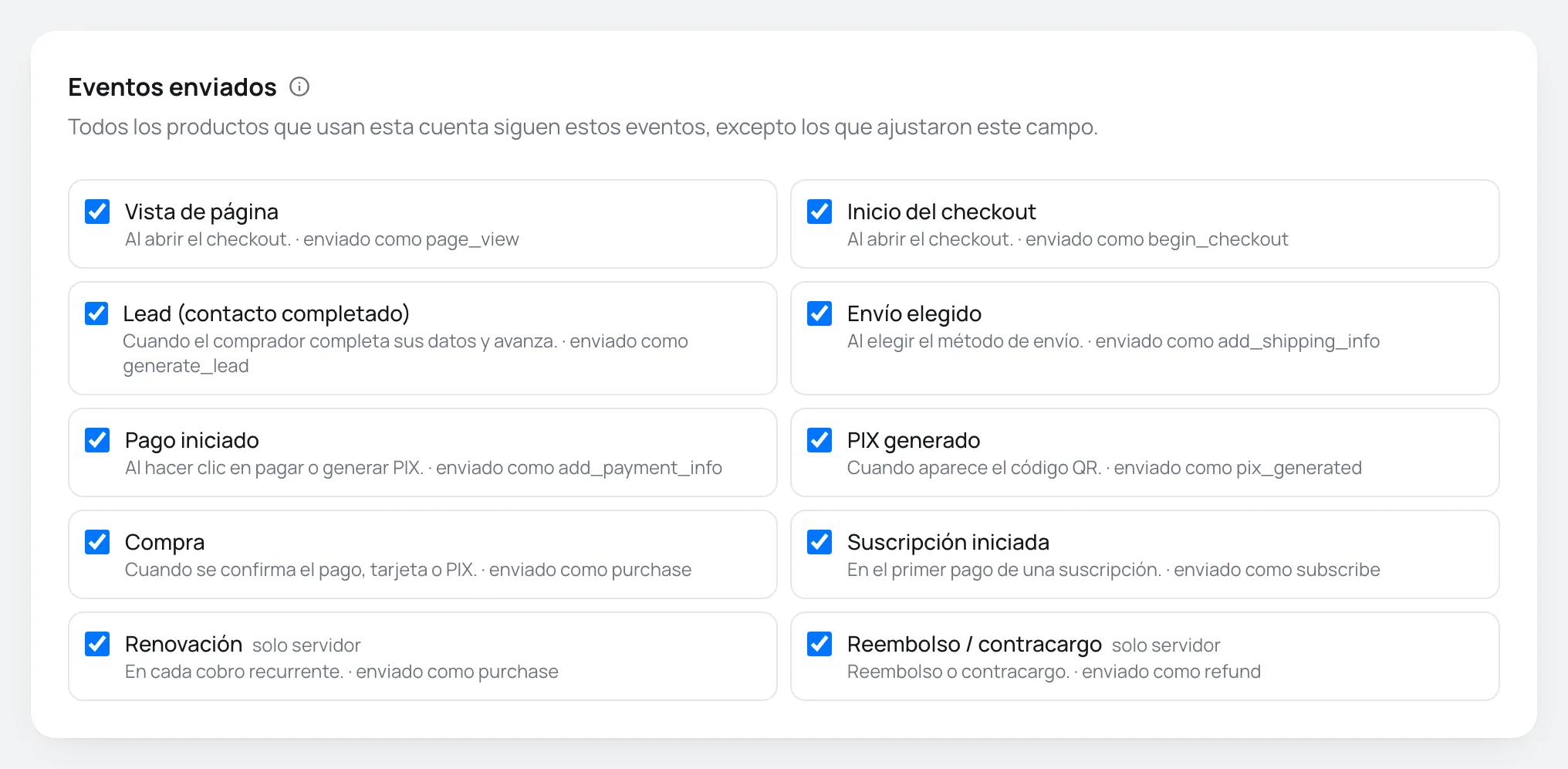 Tarjeta Eventos enviados de una cuenta de Google Analytics 4, con los diez eventos y el nombre que recibe la plataforma en cada uno