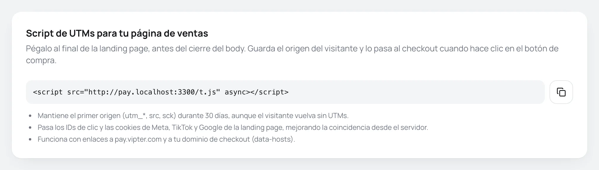 Tarjeta Script de UTMs con el código para copiar
