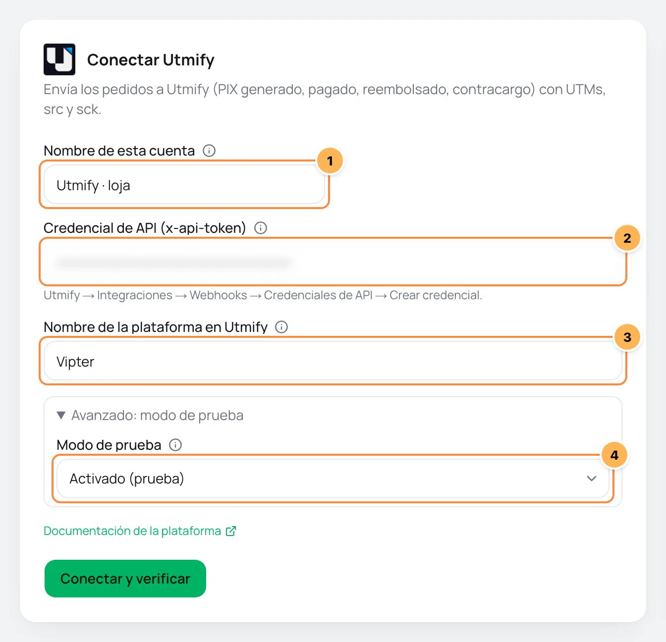 Formulario Conectar Utmify con nombre de la cuenta, credencial de API, nombre de la plataforma y modo de prueba numerados