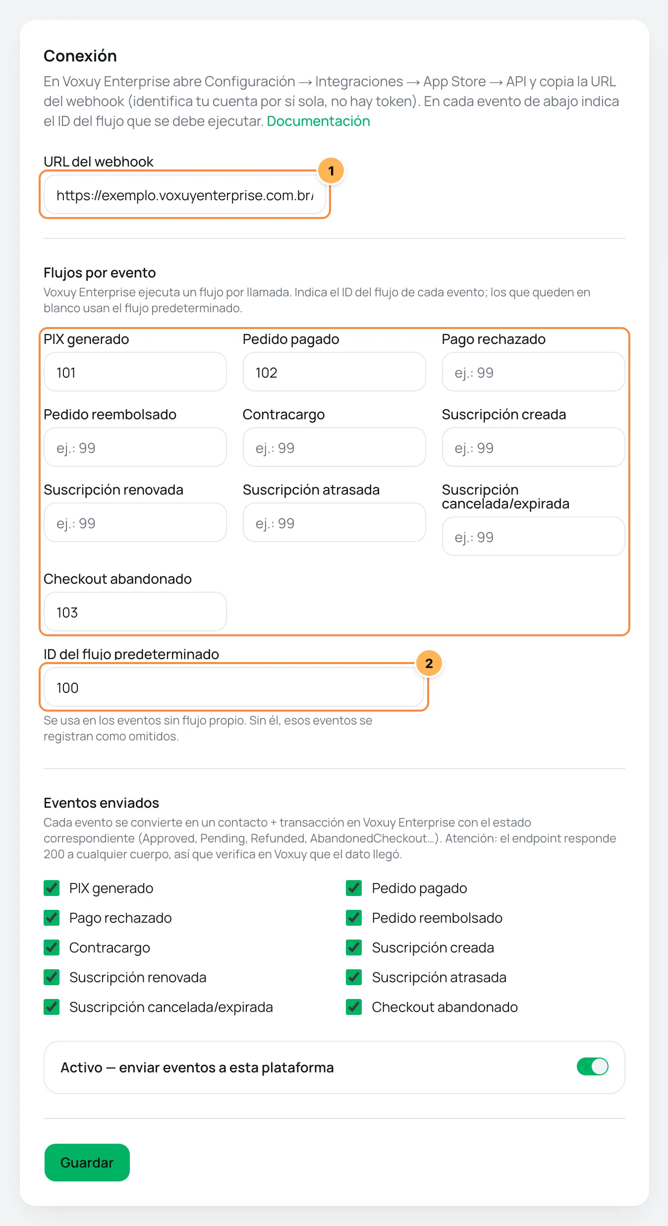 Tarjeta Conexión de Voxuy Enterprise en Vipter con la URL del webhook, los flujos por evento resaltados y el ID del flujo predeterminado