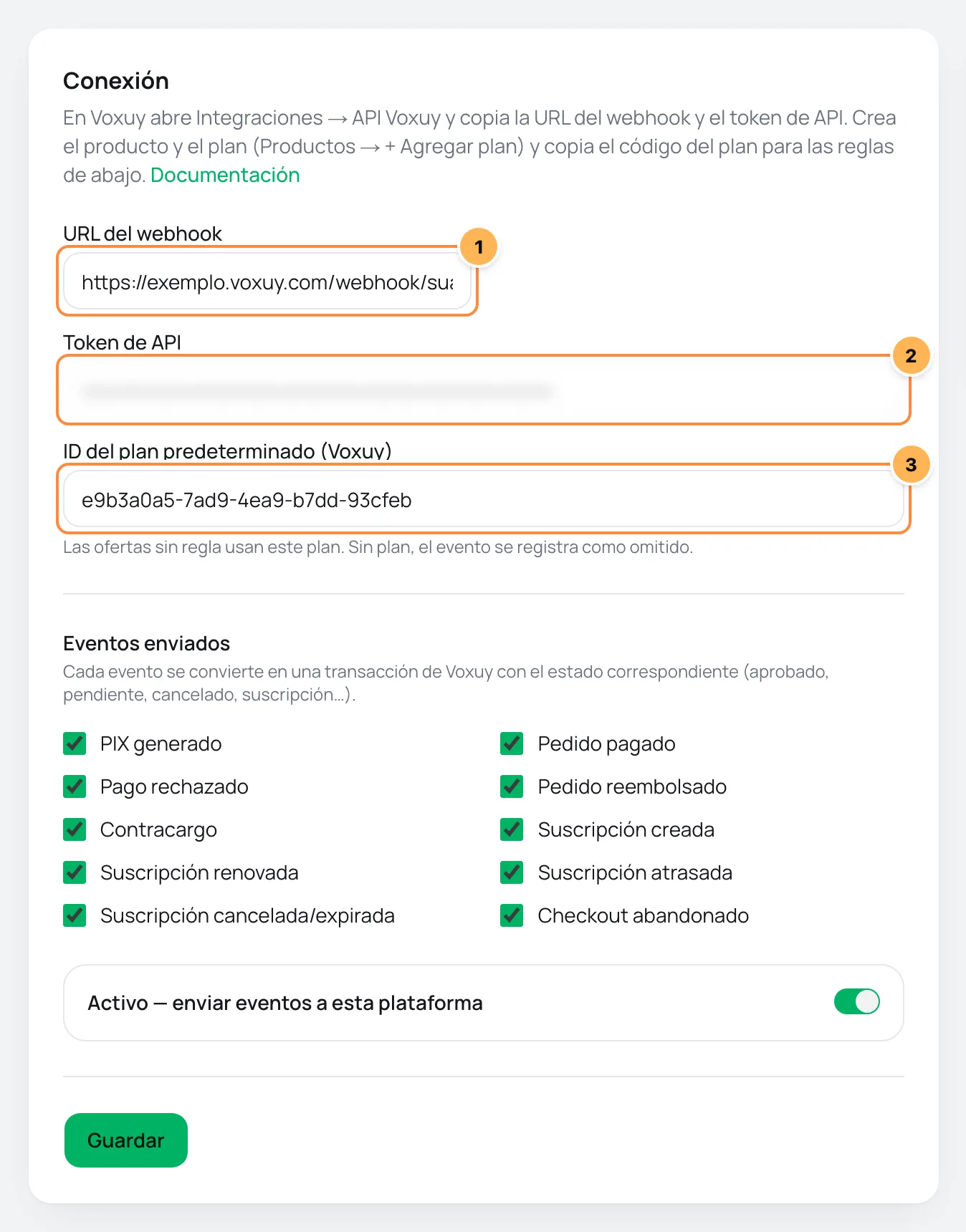 Tarjeta Conexión de Voxuy en Vipter con la URL del webhook, el token de API y el ID del plan predeterminado numerados