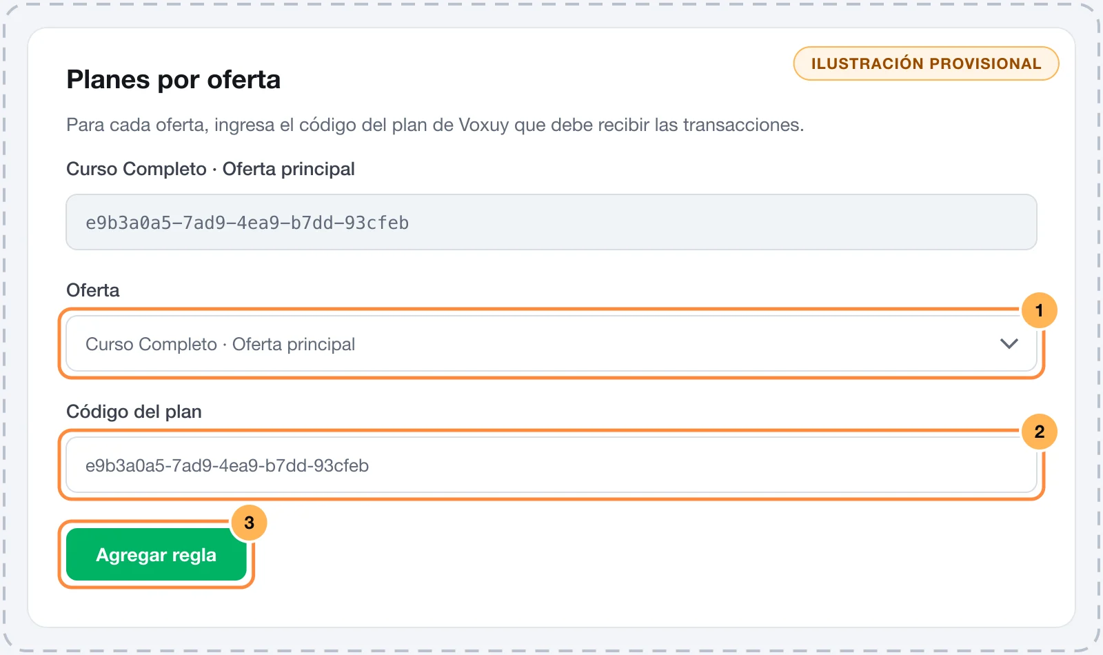 Planes por oferta de Voxuy en Vipter, con una regla creada, el selector de oferta y el código del plan