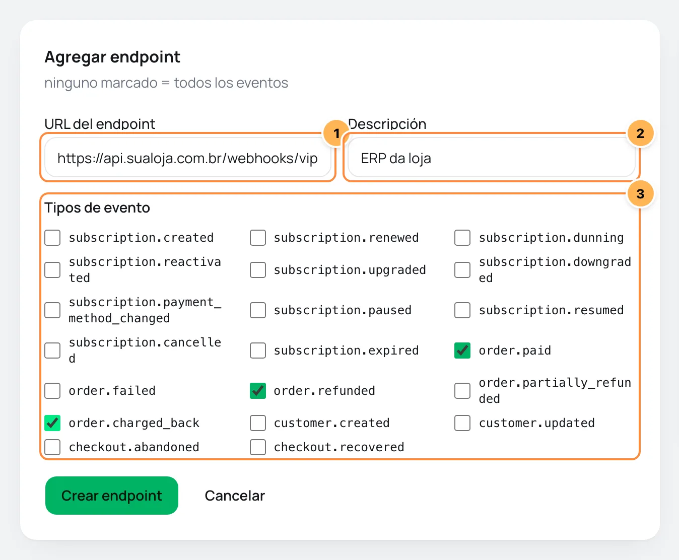 Formulario Agregar endpoint con URL, descripción y la lista de tipos de evento numerados