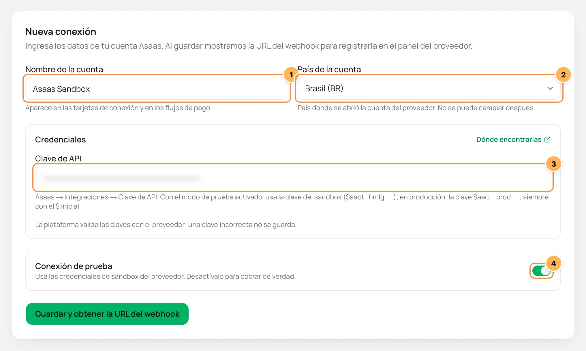 Formulario de nueva conexión de Asaas en Vipter con los campos numerados