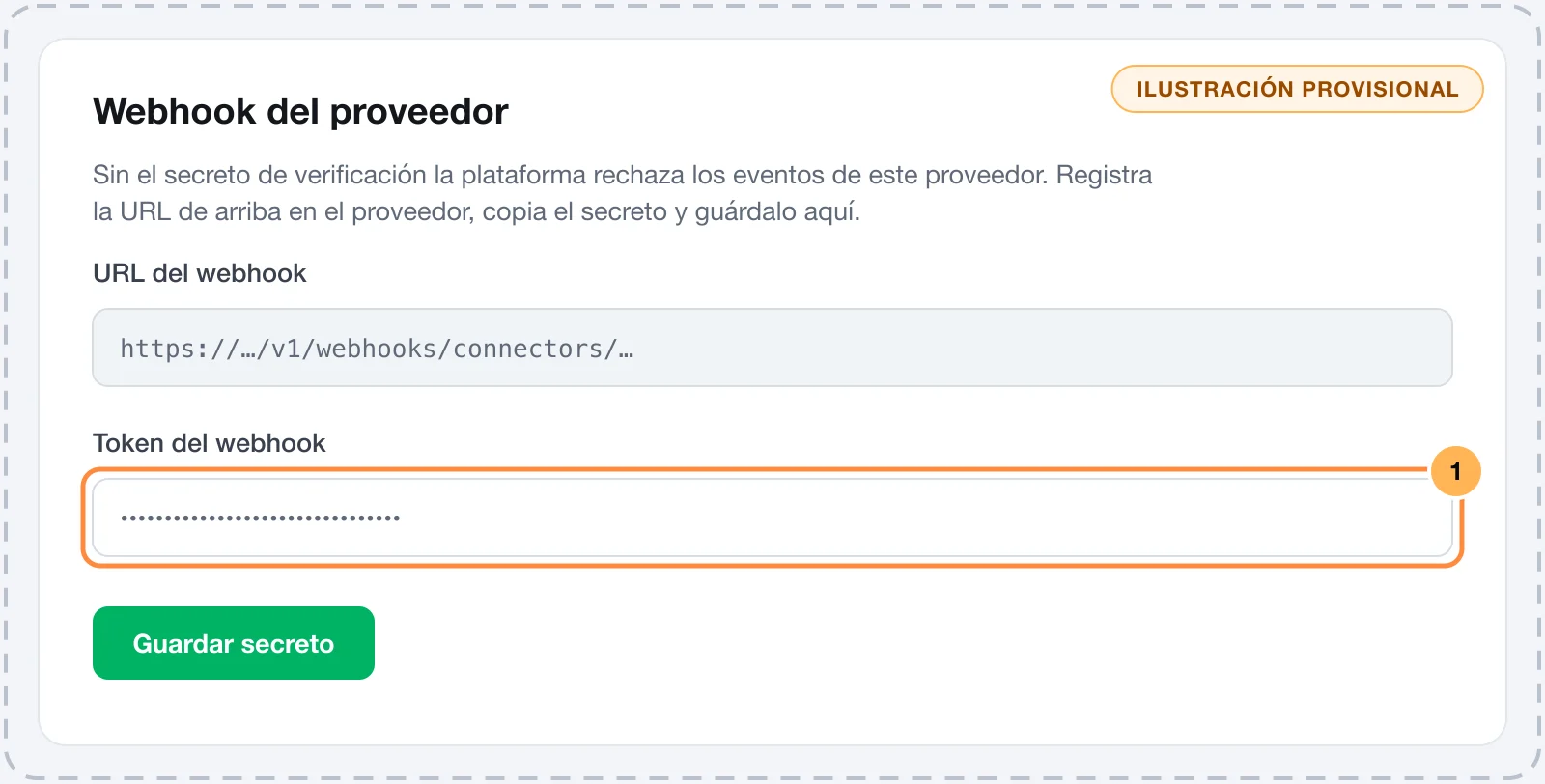 Tarjeta de la conexión de Asaas en Vipter con la URL del webhook y el campo del token