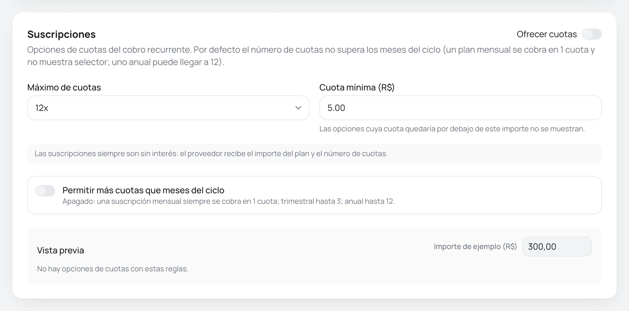 Tarjeta Suscripciones con máximo de cuotas, cuota mínima y la opción de permitir más cuotas que meses del ciclo