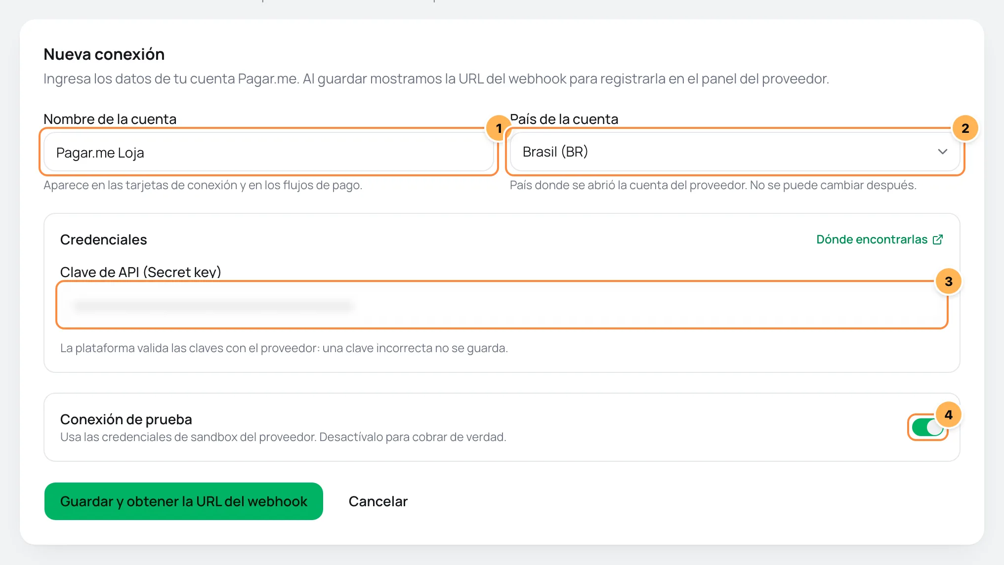 Formulario de nueva conexión de Pagar.me en Vipter con los campos numerados