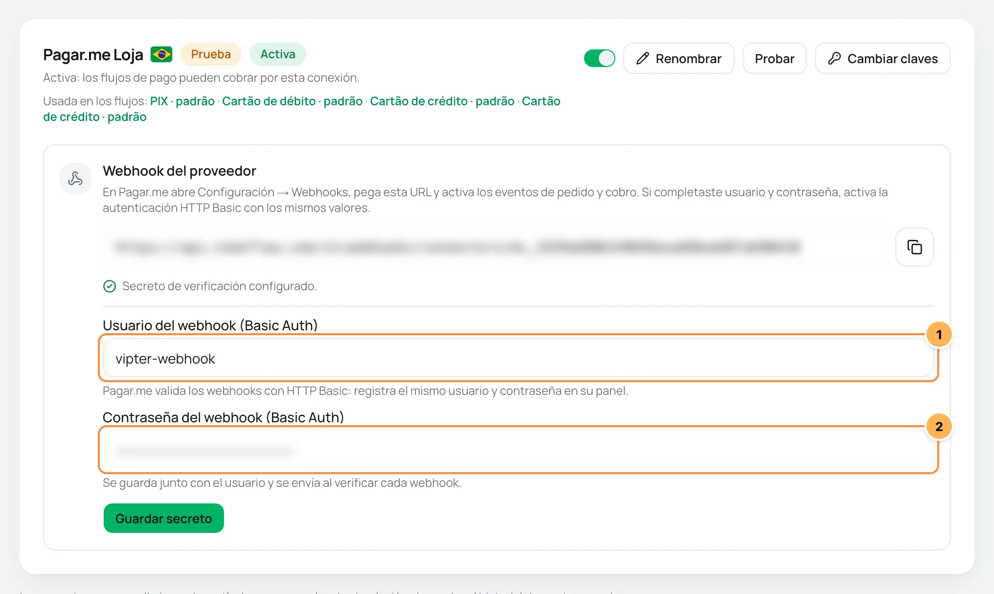 Tarjeta de la conexión de Pagar.me en Vipter con la URL del webhook y los campos de usuario y contraseña numerados