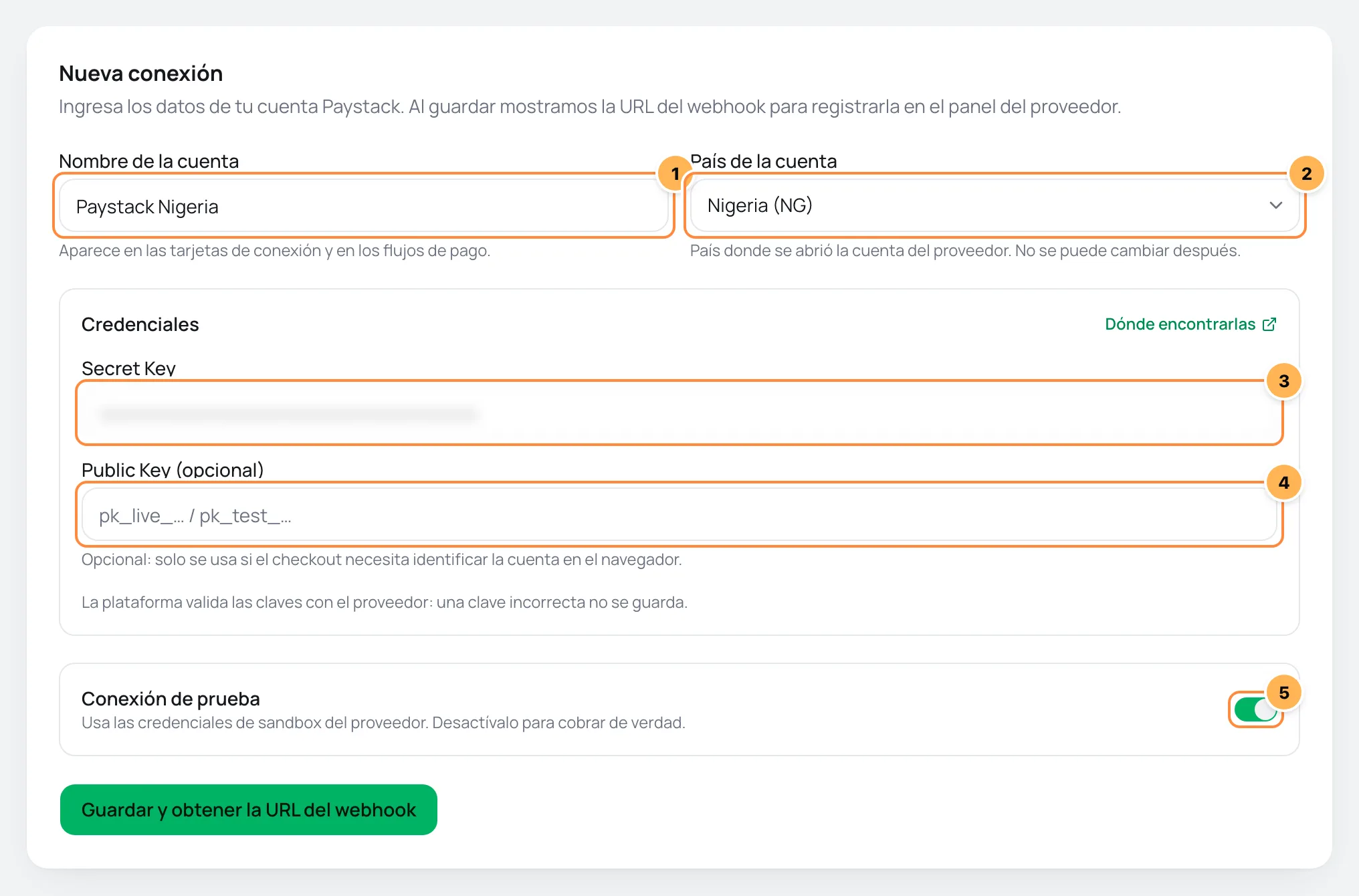 Formulario de nueva conexión de Paystack en Vipter con los campos numerados