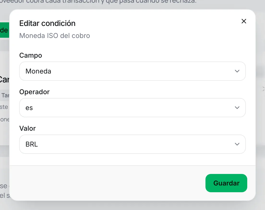 Ventana de condición con los campos Campo, Operador y Valor
