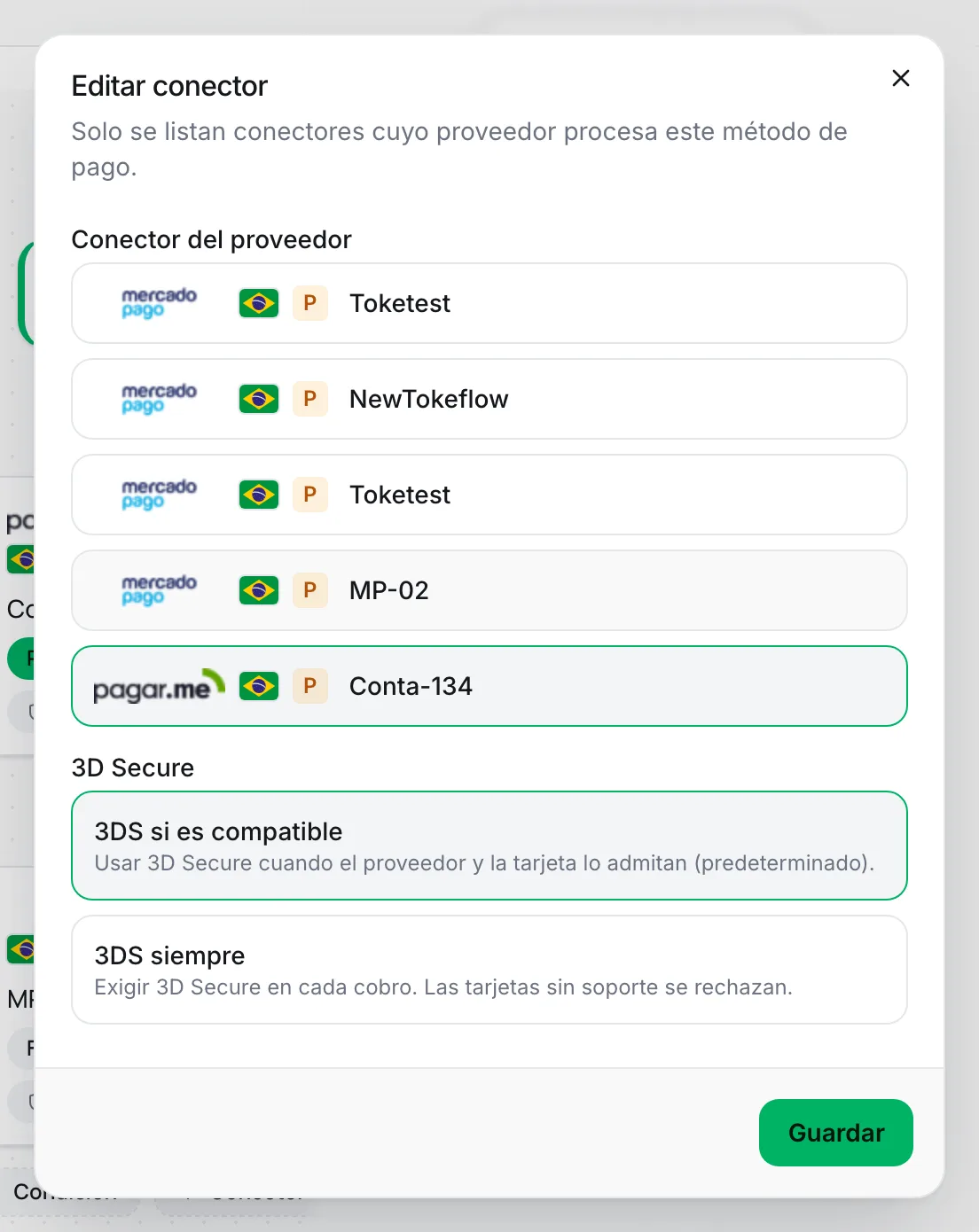 Ventana de conector con la lista de cuentas y las opciones de 3D Secure