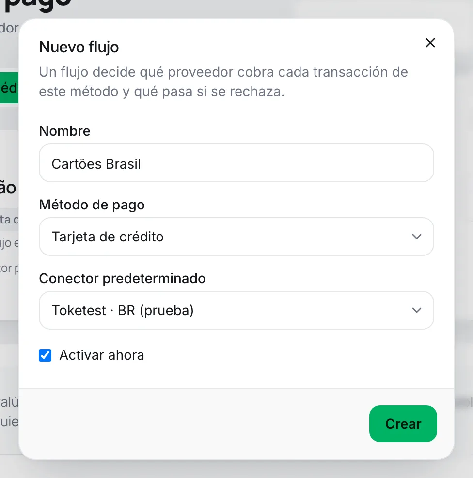 Ventana Nuevo flujo con nombre, método de pago, conector predeterminado y la opción Activar ahora