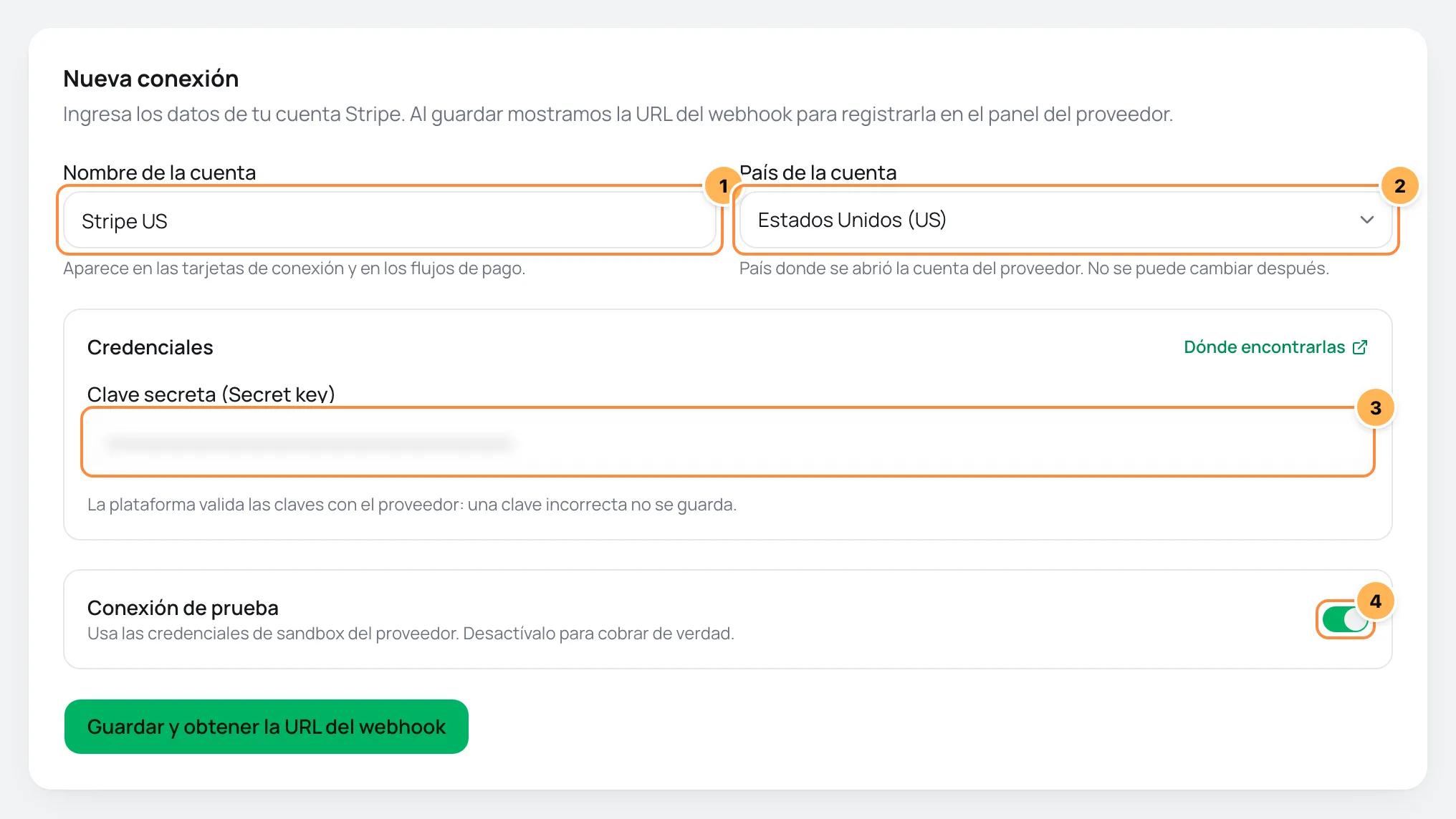 Formulario de nueva conexión de Stripe en Vipter con los campos numerados