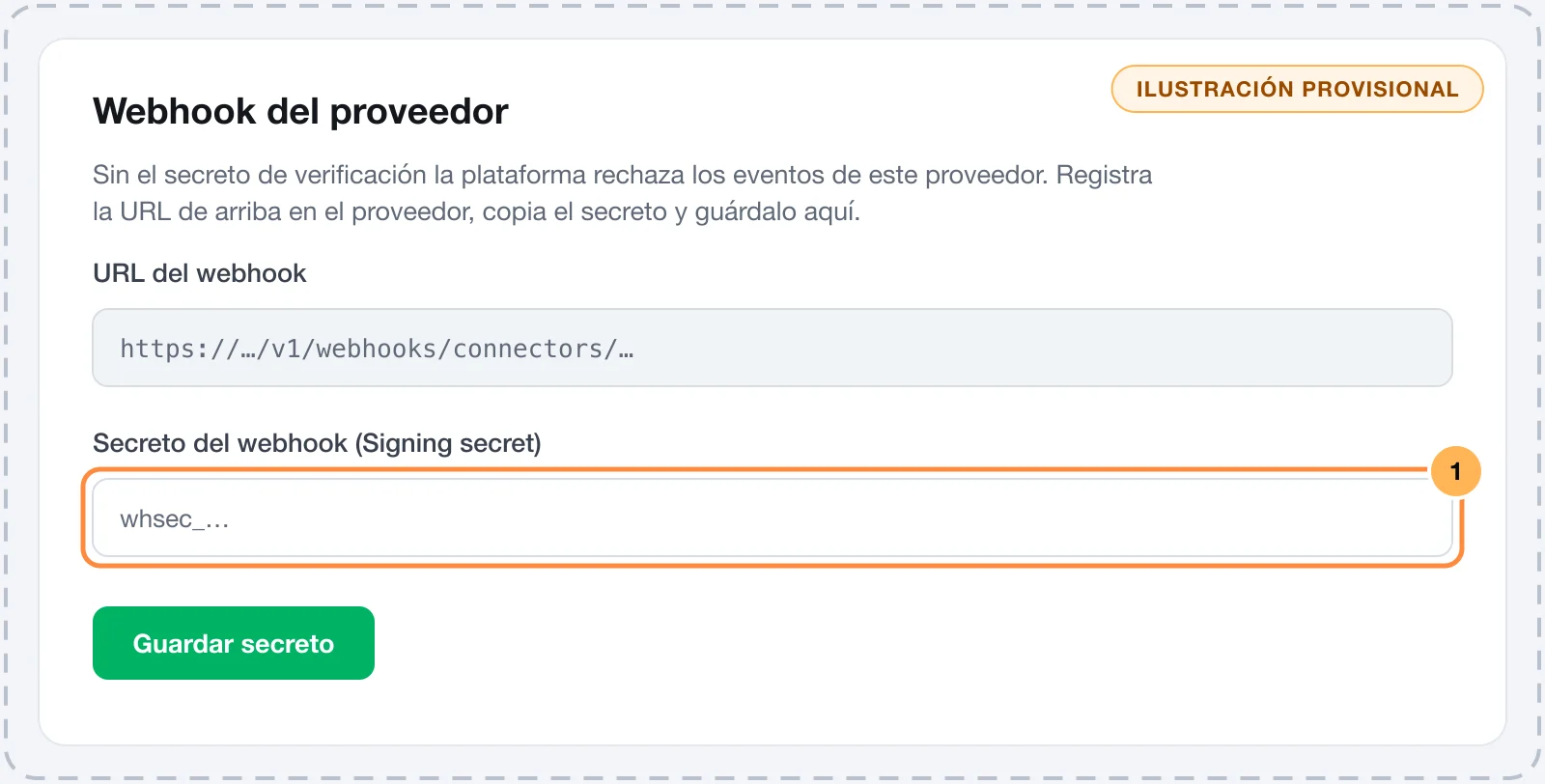 Tarjeta de la conexión de Stripe en Vipter con la URL del webhook y el campo del secreto