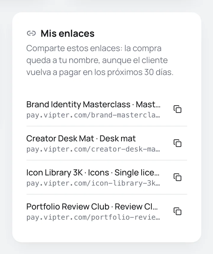 Tarjeta Mis enlaces con un enlace de pago por oferta y el botón de copiar