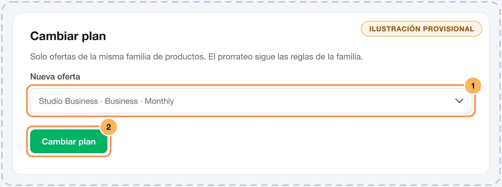 Diálogo Cambiar plan con la lista Nueva oferta y el botón de confirmar