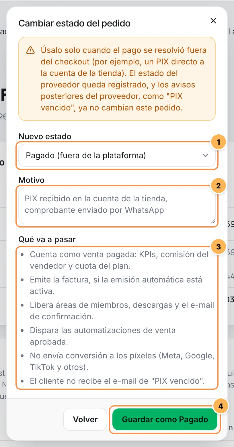 Ventana Cambiar estado del pedido con el nuevo estado, el motivo, la lista de lo que va a pasar y el botón de guardar numerados