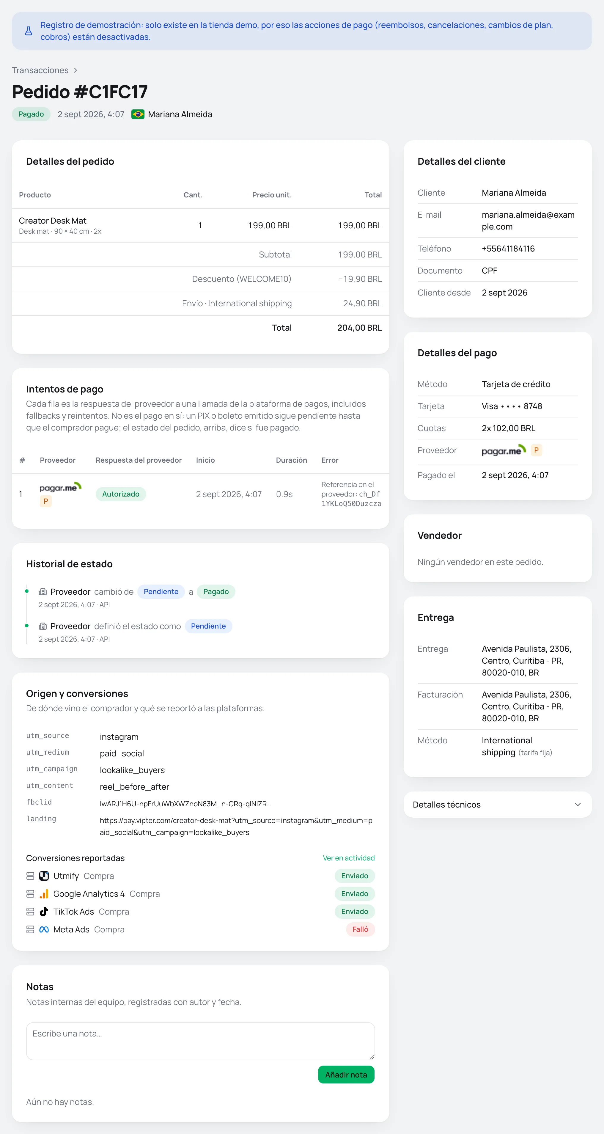 Página de un pedido pagado, con las tarjetas de artículos, intentos, historial, origen y notas a la izquierda y cliente, pago, vendedor y entrega a la derecha
