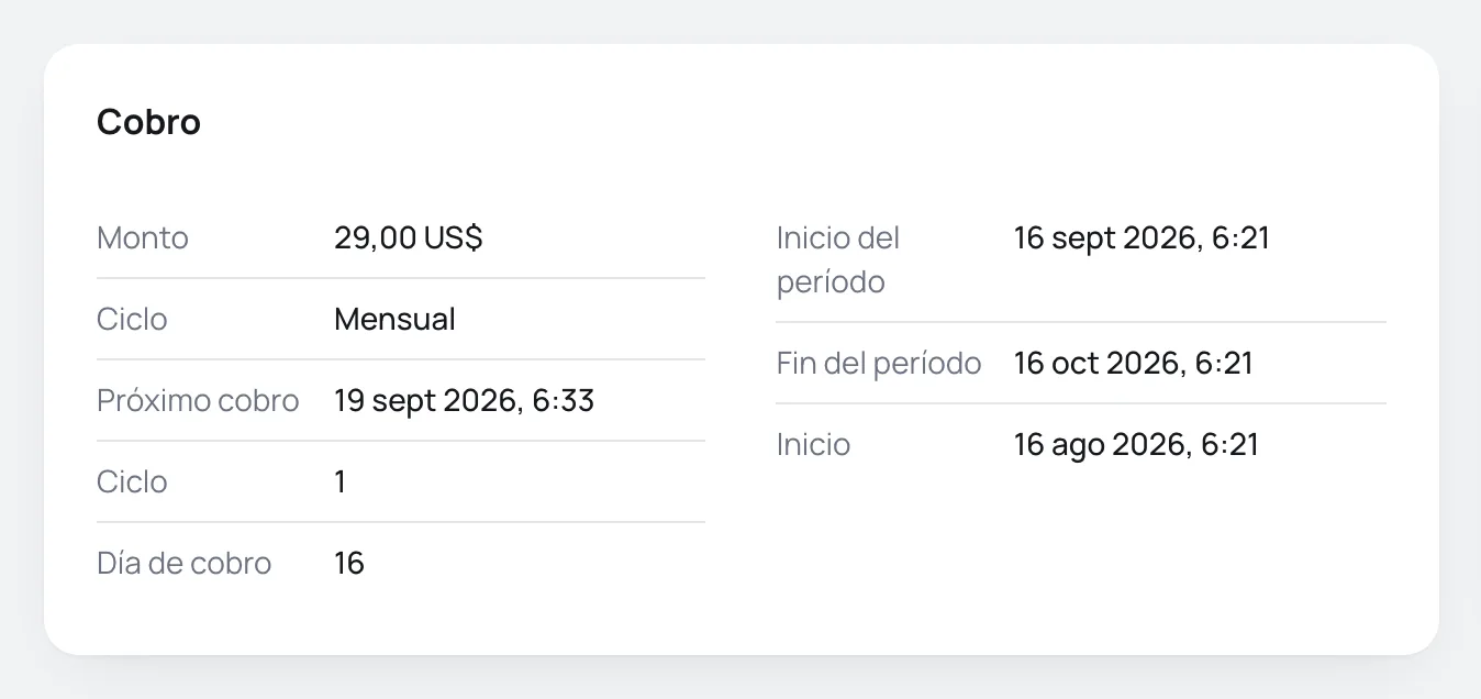 Tarjeta Cobro de una suscripción con valor, ciclo, próximo cobro, conteo de ciclos, día de cobro y fechas del período