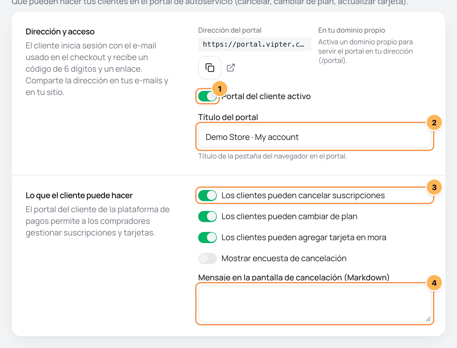 Configuración del portal del cliente con el interruptor del portal, el título, los permisos y el mensaje de cancelación numerados