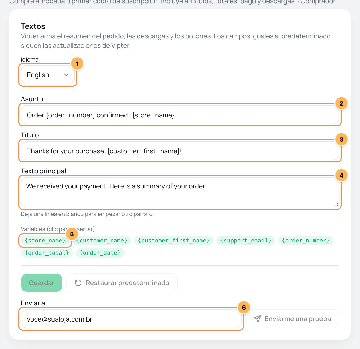 Editor de correo con idioma, asunto, título, texto principal, variables y el envío de prueba numerados